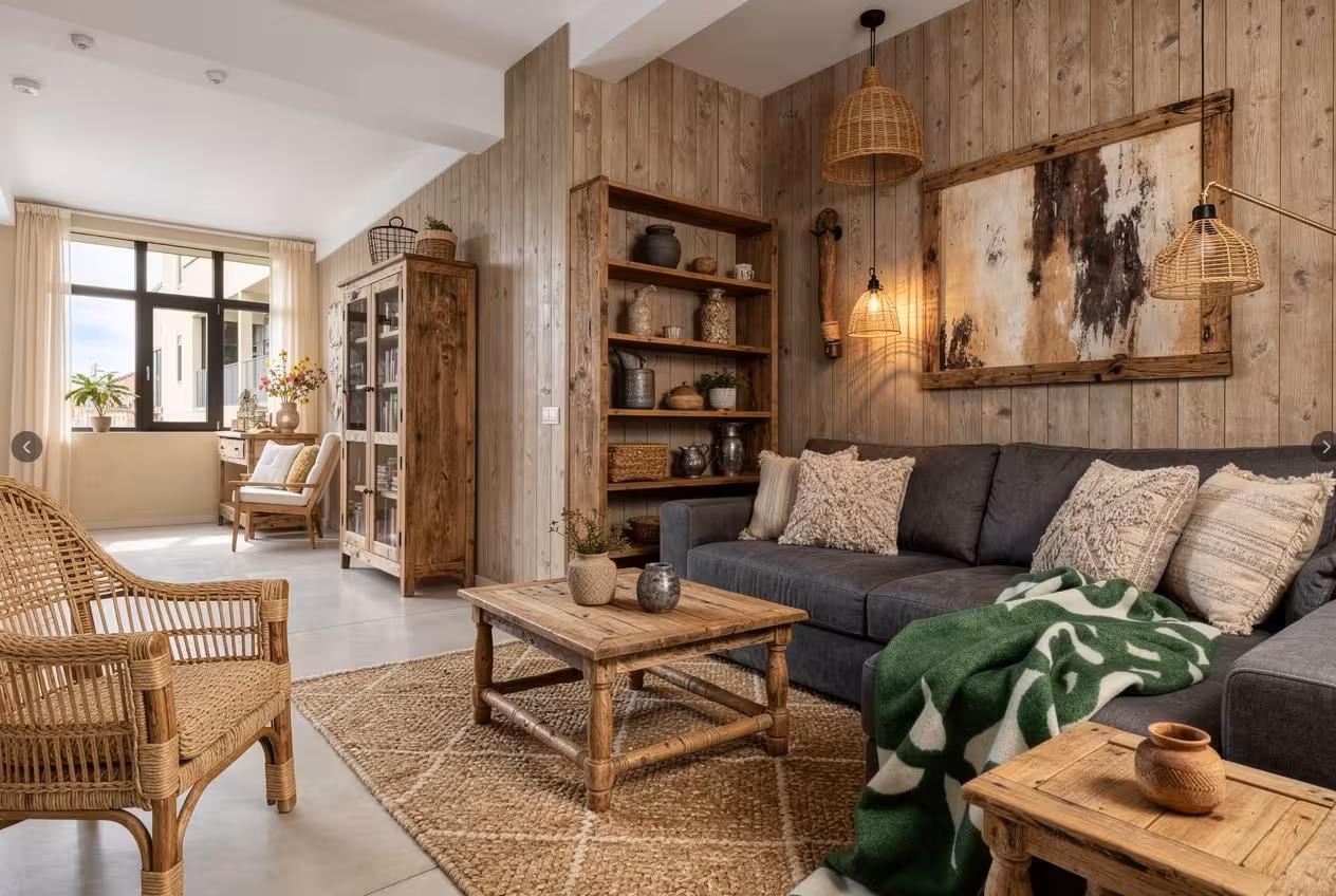 Rustic living room with wooden panel walls, woven furniture, gray sofa with textured pillows, green throw, natural light, and warm ambient lighting.