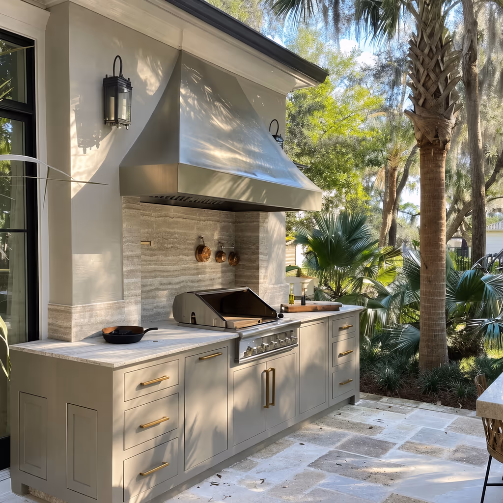 Narrow side yard outdoor kitchen with built-in grill, stainless hood, compact cabinetry, and stone countertop beside a tropical garden