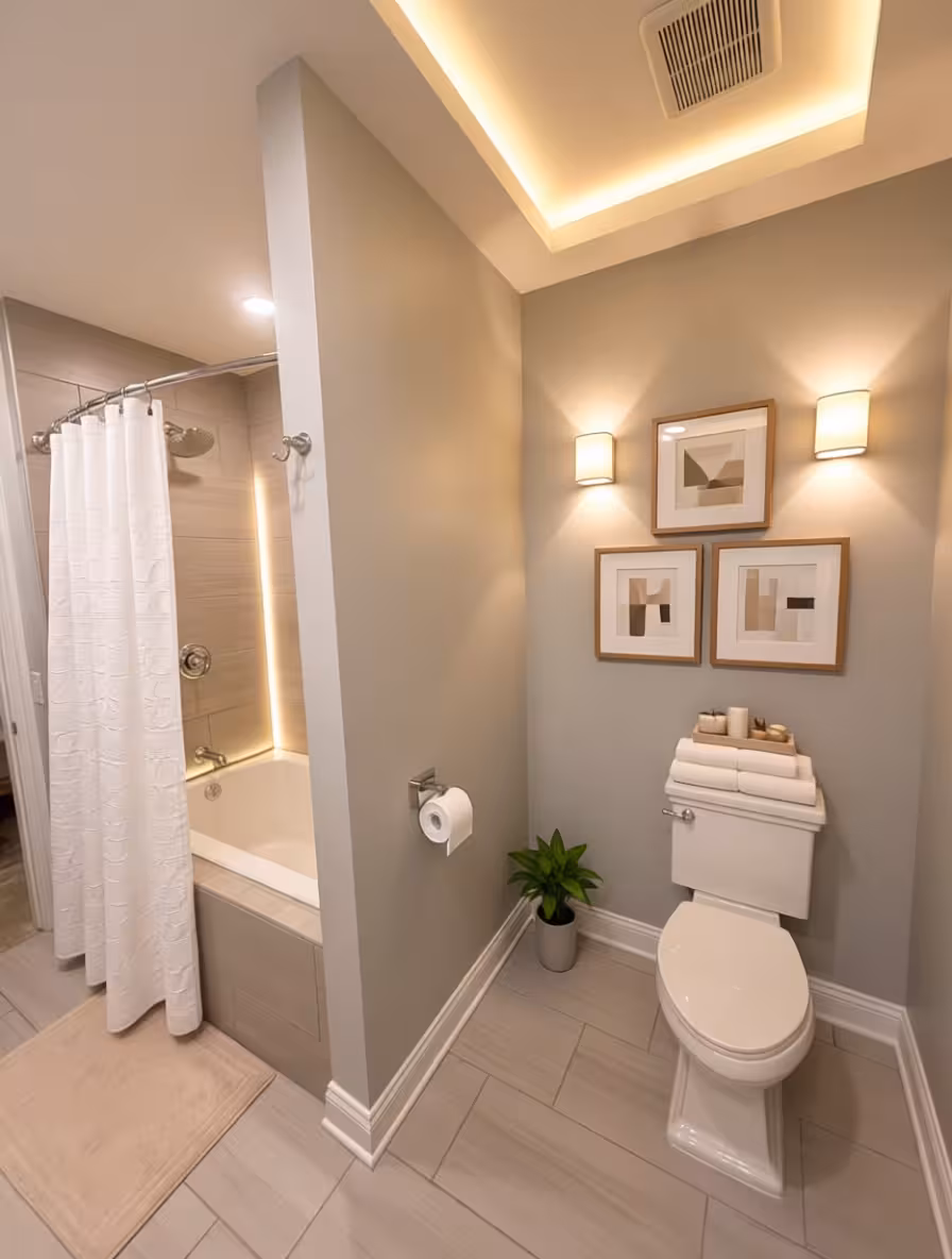 Contemporary spa bathroom with warm wall sconces, framed artwork, beige walls, and white textured shower curtain.