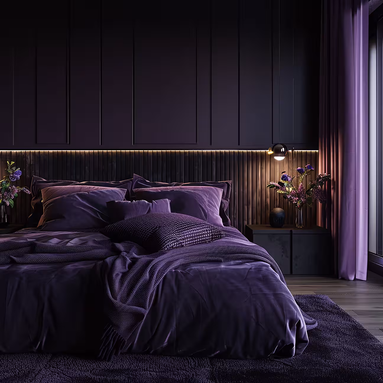 Moody dark bedroom with deep purple-black wall paneling, a fluted wood headboard panel with warm under-shelf LED strip lighting, plum velvet duvet and pillows, fluffy dark rug, globe wall sconce, and a glimpse of purple curtain on the right