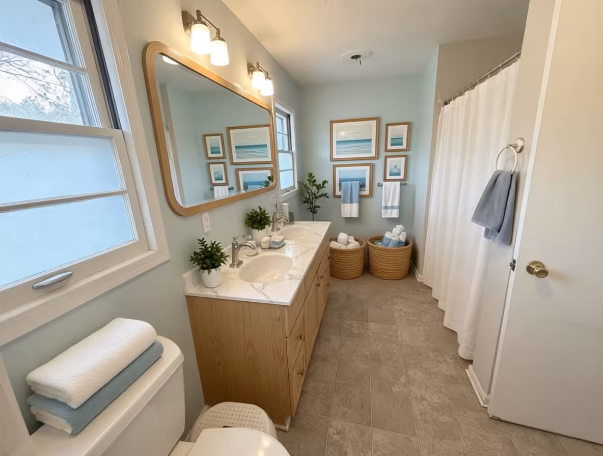 Coastal contemporary bathroom with light oak vanity, woven baskets, beige walls, and white linen shower curtain