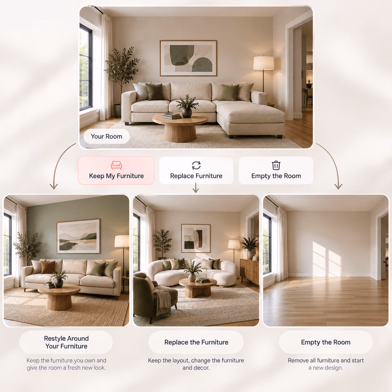Three furniture options in DecorAI: keep my furniture, replace the furniture or empty the room