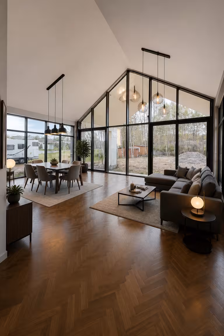Modern living room with floor-to-ceiling windows, neutral seating, wood flooring, and open dining area