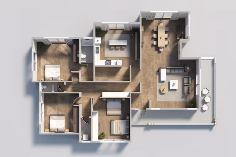 Modern 3D three bedroom house layout with open living room, dining area, kitchen, bathrooms, bedrooms, and contemporary furniture