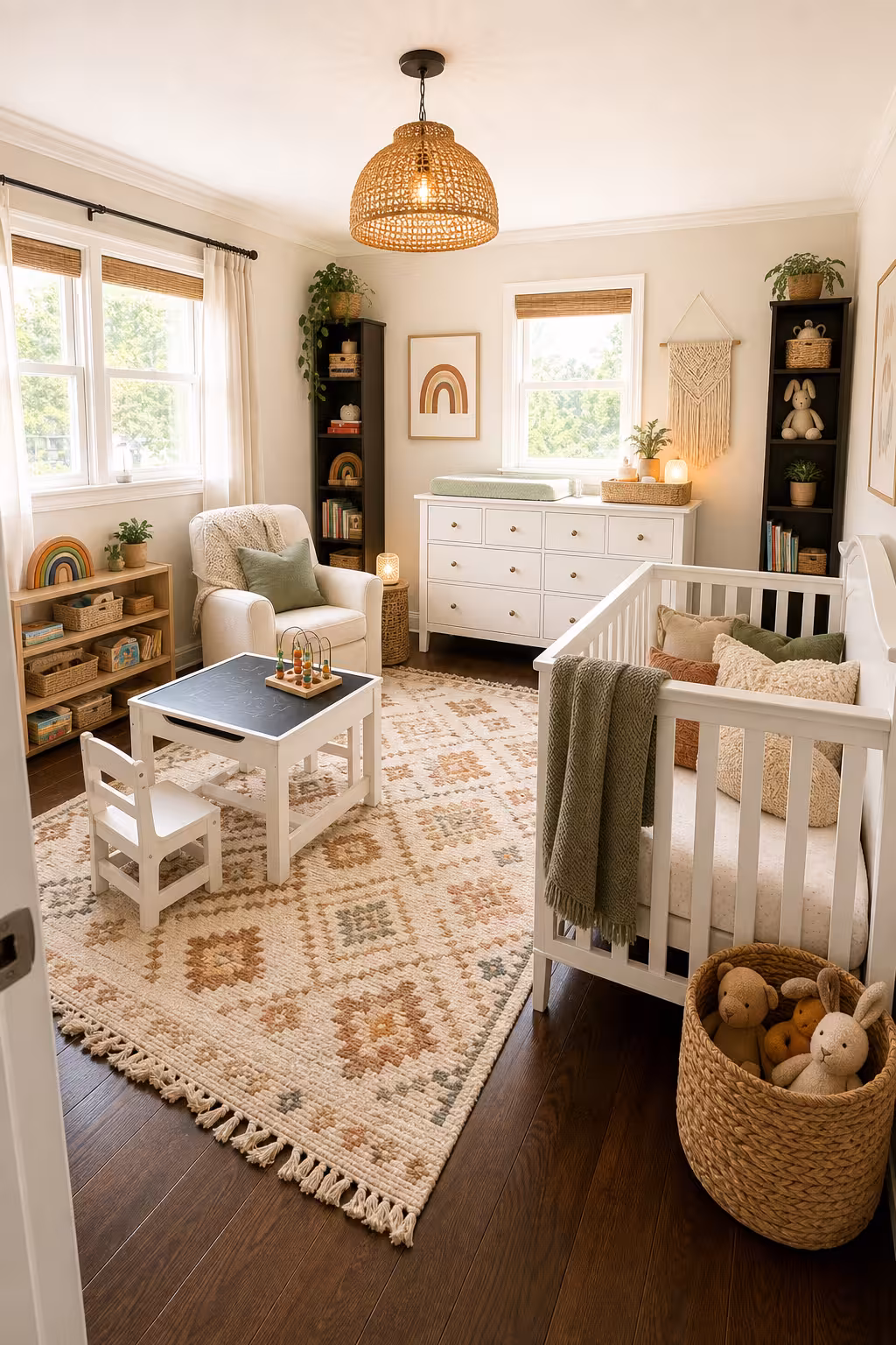 Bohemian kids bedroom with rainbow decor, woven storage baskets, crib, patterned rug, and cozy reading chair.