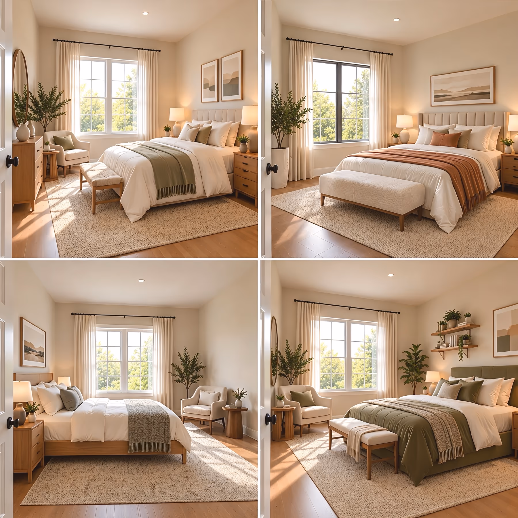 Four cozy neutral bedroom designs featuring different furniture arrangements, upholstered beds, natural wood furniture, soft beige bedding, textured rugs, and warm natural lighting in a modern Scandinavian style.