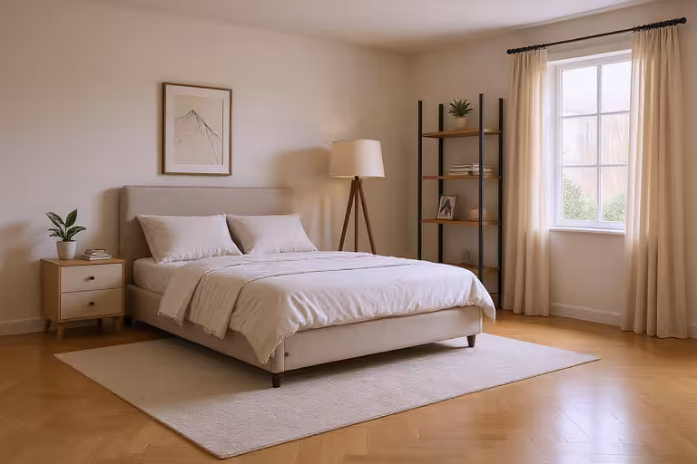 Scandinavian bedroom with upholstered bed, minimalist furnishings, open shelving, bedside table, and area rug