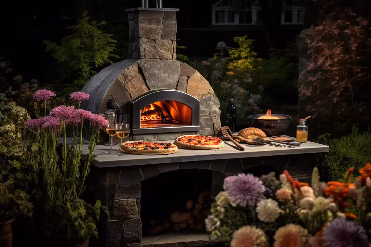 Outdoor pizza oven kitchen with stone oven, wood-fired cooking, and prep counter set in a garden with flowers.