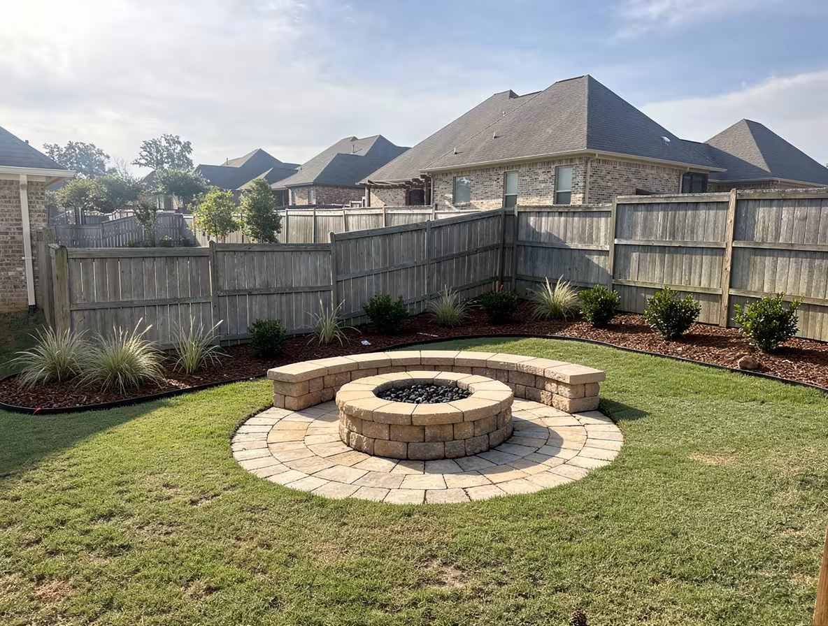 Backyard with circular stone fire pit, curved seating, mulch landscaping, and ornamental grasses