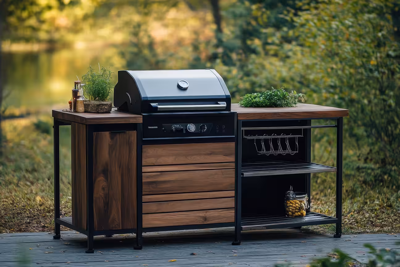 Outdoor grill, smoker, and BBQ station. Greenery and a lake in the background.