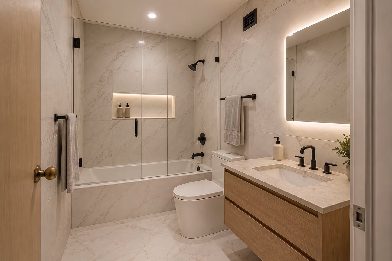 The same bathroom after a high finish remodel, with veined stone tile to the ceiling, a full height glass enclosure, a lit niche, a skirted toilet and a floating oak vanity