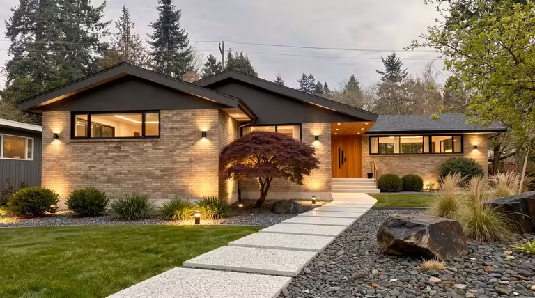 Mid Century Modern house exterior with charcoal rooflines, warm brick facade, modern landscaping, and illuminated pathway