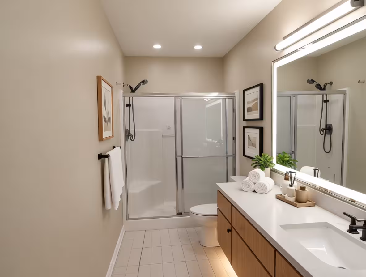 Modern bathroom with light wood vanity, frameless shower enclosure, soft mirror lighting, and beige wall finishes.