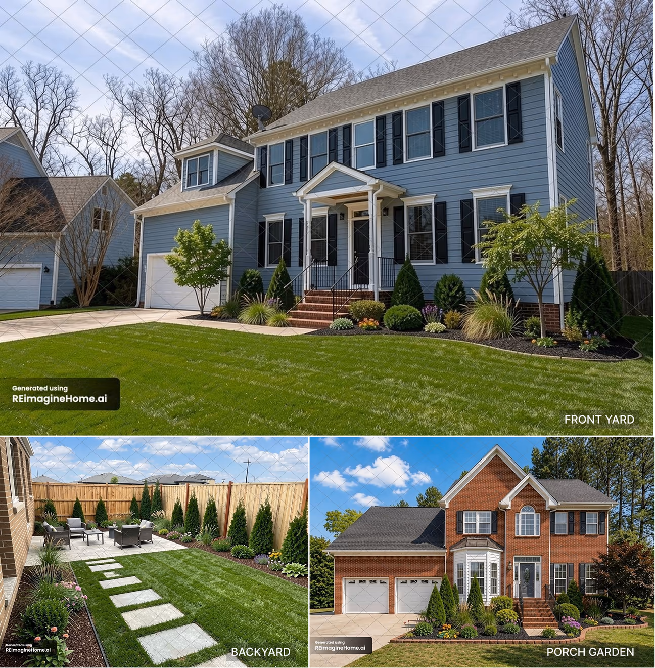 Collage of ReimagineHome generated front yards and backyard