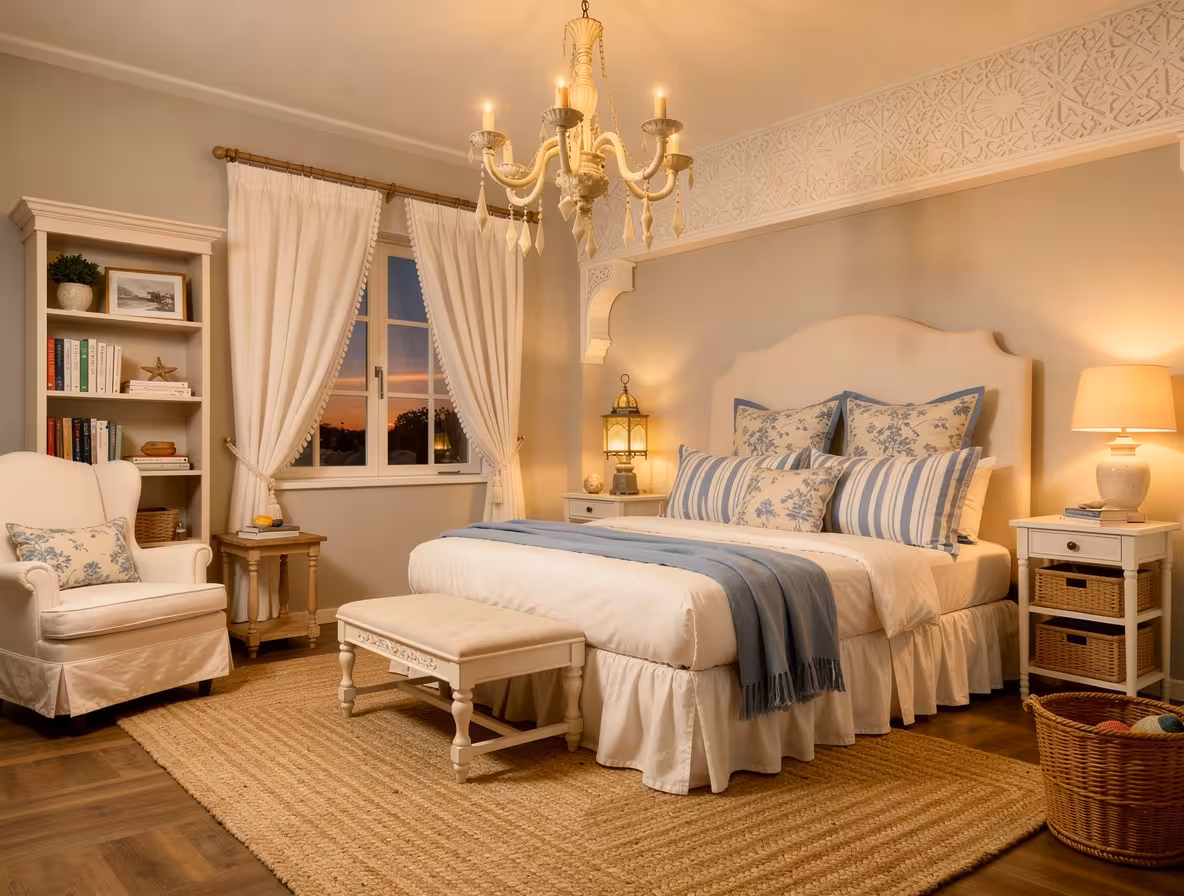 Traditional cottage bedroom with blue and white bedding, white furniture, chandelier, and cozy warm lighting.
