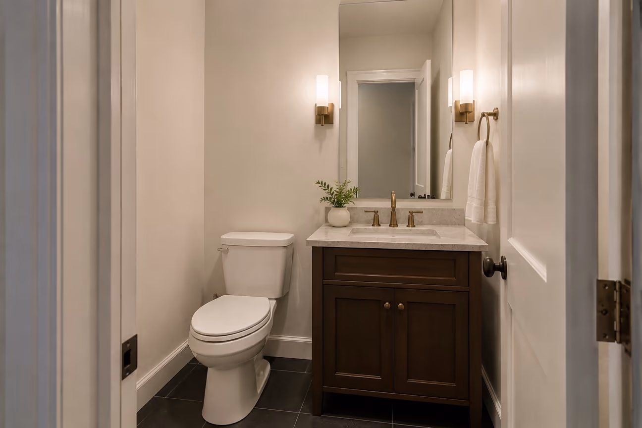 A small windowless powder room with a toilet, a compact dark wood vanity with a stone top, a large mirror and a wall light on each side