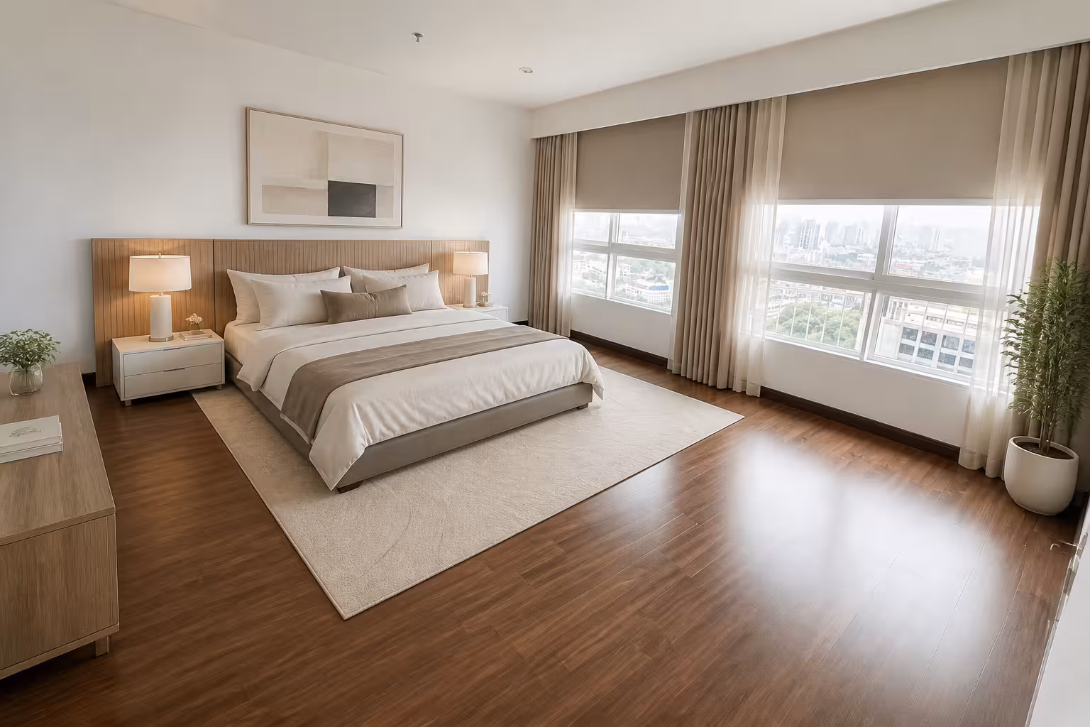 Contemporary apartment bedroom with large windows, neutral beige and white tones, wooden flooring, minimalist furniture, soft lighting, and a calm, airy atmosphere.