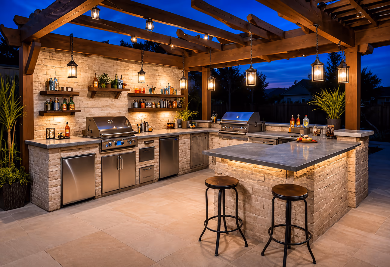 Covered outdoor kitchen with pergola, stainless steel grills, stone counters, open shelving, bar island, and hanging lantern lights