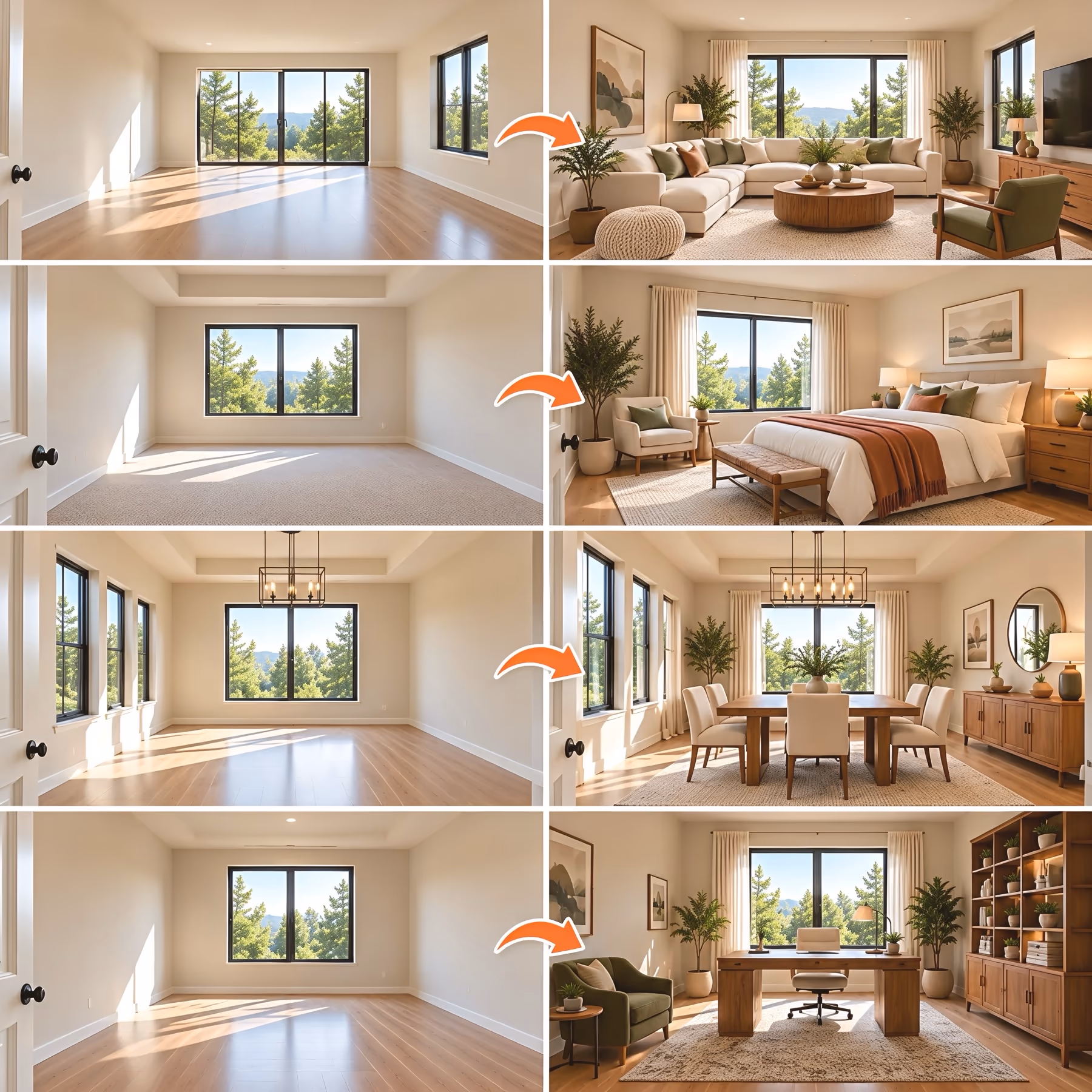 Photorealistic before and after room transformations showing empty living rooms, bedrooms, dining rooms, and home offices redesigned with stylish furniture and decor using AI virtual staging.