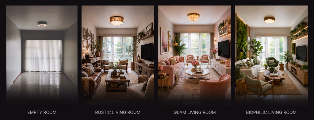 Four-panel comparison showing a narrow empty living room transformed into three distinct interior design styles. From left to right: the original unfurnished room with tiled floors and vertical blinds, a cozy rustic living room with leather seating and reclaimed wood furniture, a glamorous pink living room with velvet furniture and gold accents, and a biophilic living room filled with lush indoor plants, natural wood furniture, and a green living wall.