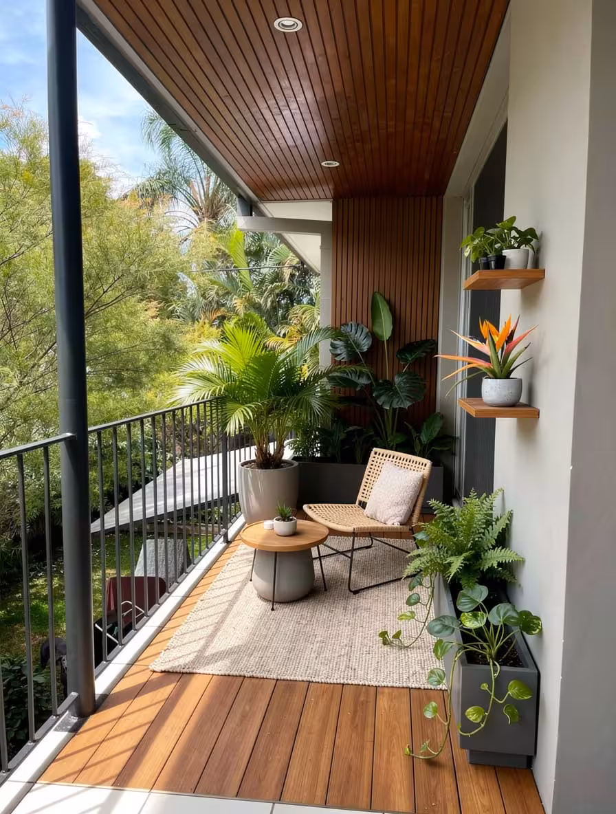 Tropical apartment balcony with woven seating, layered greenery, wood accents, and floating shelves