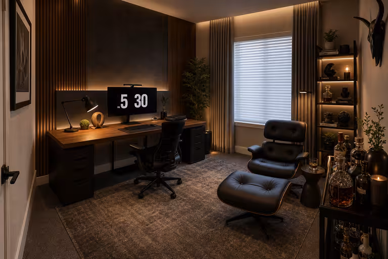 Modern home office with walnut accents, ambient lighting, and luxury lounge seating