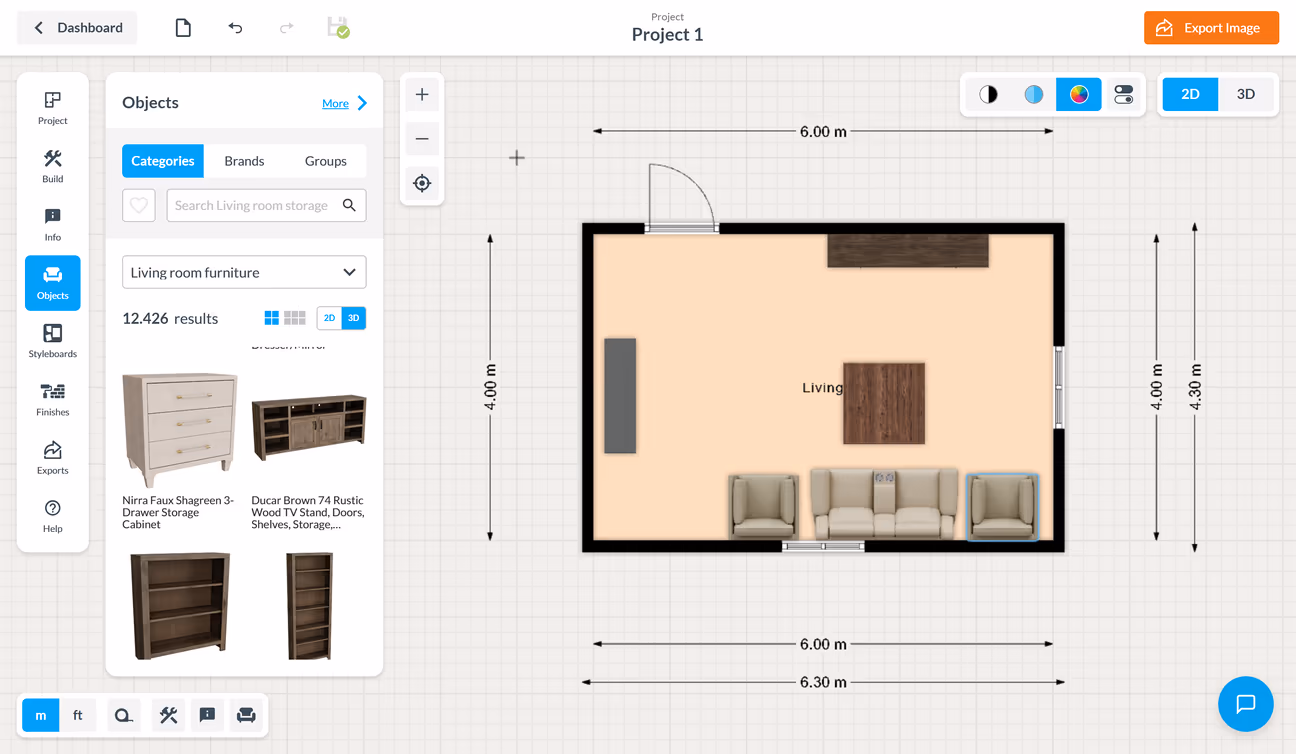 creador de planos gratis floorplanner mostrando la distribución de un salón con medidas