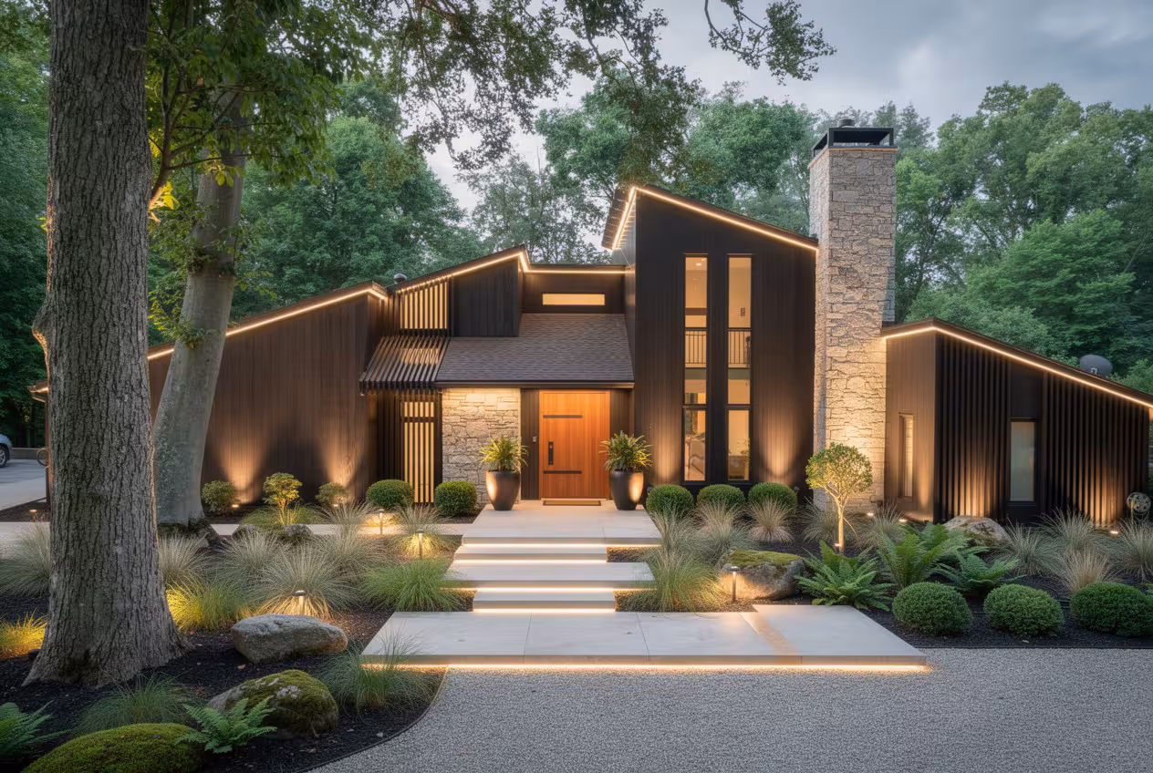 Luxury woodland modern house exterior with warm lighting, vertical wood siding, stone chimney, and modern landscaping