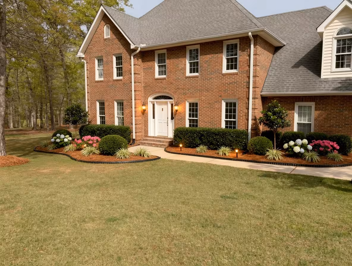 Southern Colonial front yard with curved foundation beds, evergreen shrubs, hydrangeas, and landscape lighting