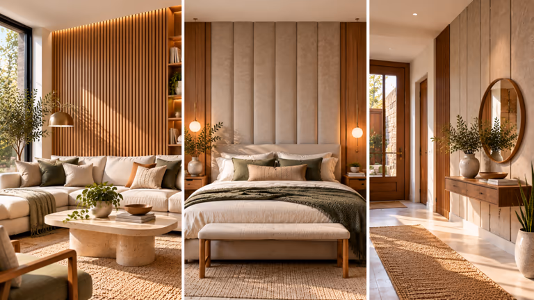 wood slat panels and textured walls in modern rooms