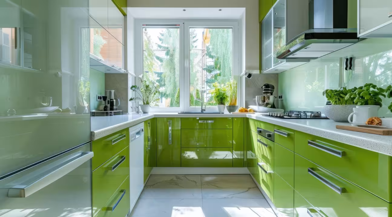 AI-generated: U-shaped modular kitchen with matte sage green cabinets, and a white quartz countertop