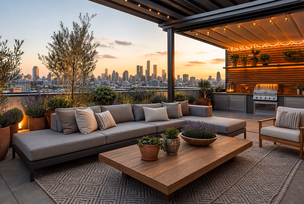 Modern rooftop outdoor kitchen with a covered lounge, built-in grill, cozy sectional seating, and panoramic city skyline views at sunset.