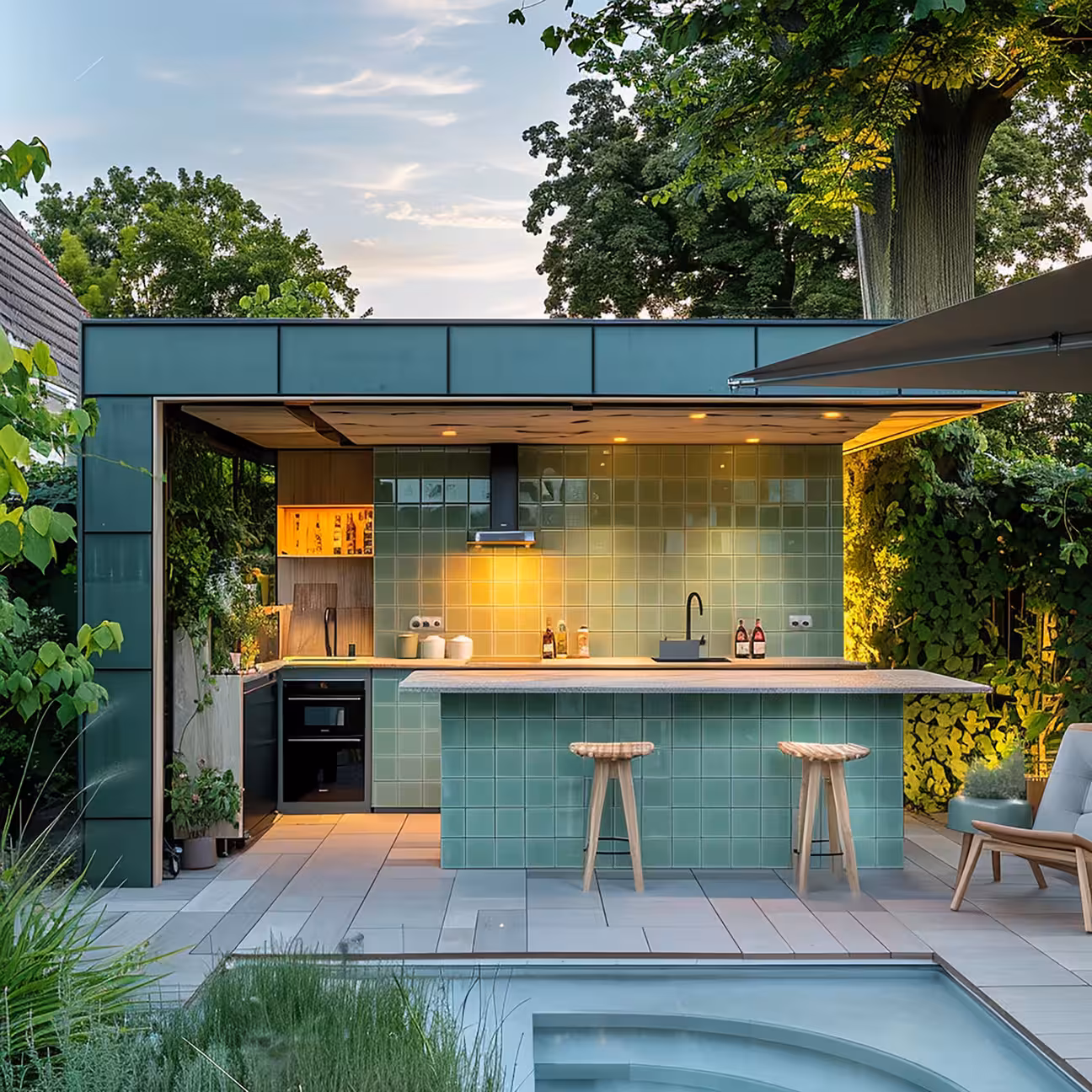 Modern outdoor kitchen with green tile island, bar seating, built-in grill, and covered structure set beside a pool and garden.