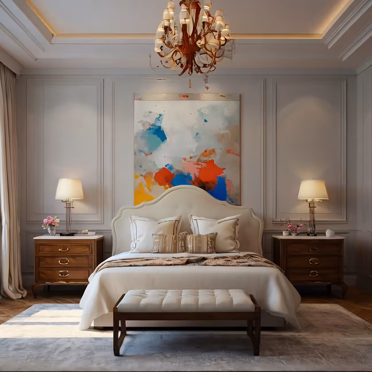 Elegant bedroom with a large sculptural curved white upholstered headboard, an oversized abstract painting in blue, red, and yellow mounted above it, matching dark wood nightstands with white table lamps, a tufted bench at the foot of the bed, and a crystal candelabra chandelier overhead