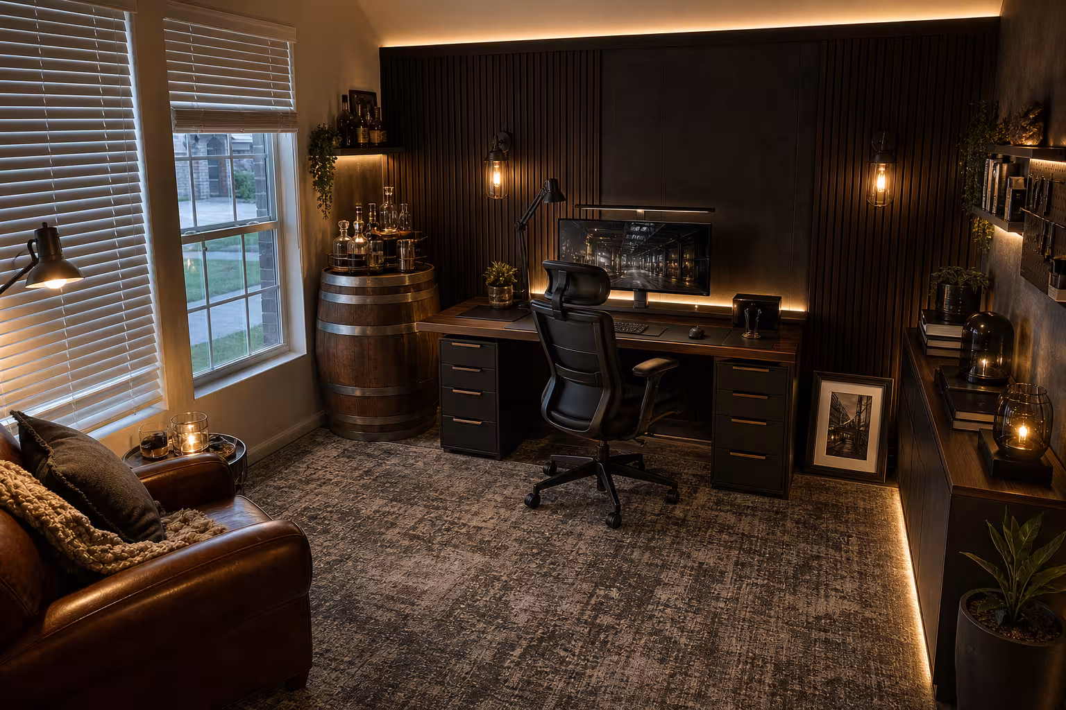 Modern home office with dark wood slat wall, warm lighting, and luxury workspace styling