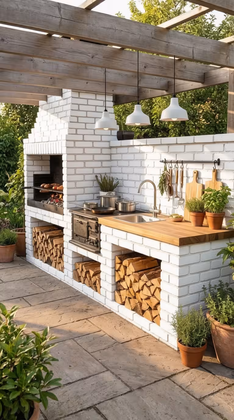 Rustic outdoor kitchen with white brick grill station, wood countertops, pergola beams, pendant lighting, and stacked firewood storage.