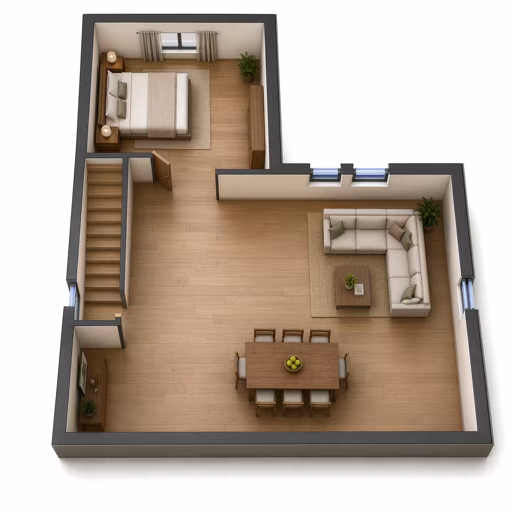 A 3D floor plan rendering of a small apartment layout with a bedroom, open living and dining area, staircase, sectional sofa, dining table, wood flooring, and simple furniture placement.