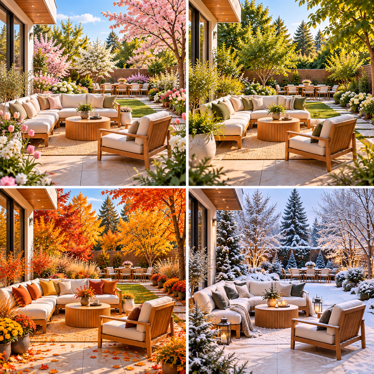 four seasonal garden designs showing spring, summer, autumn, and winter looks
