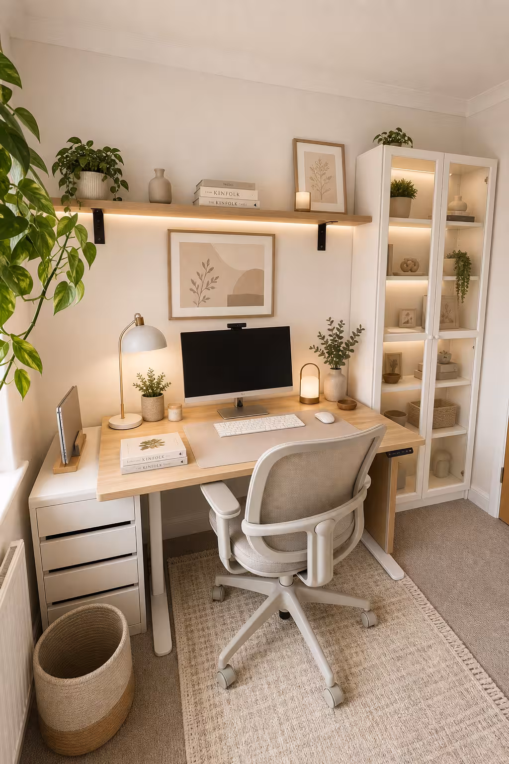 Modern home office with light wood desk, neutral decor, and cozy minimalist styling