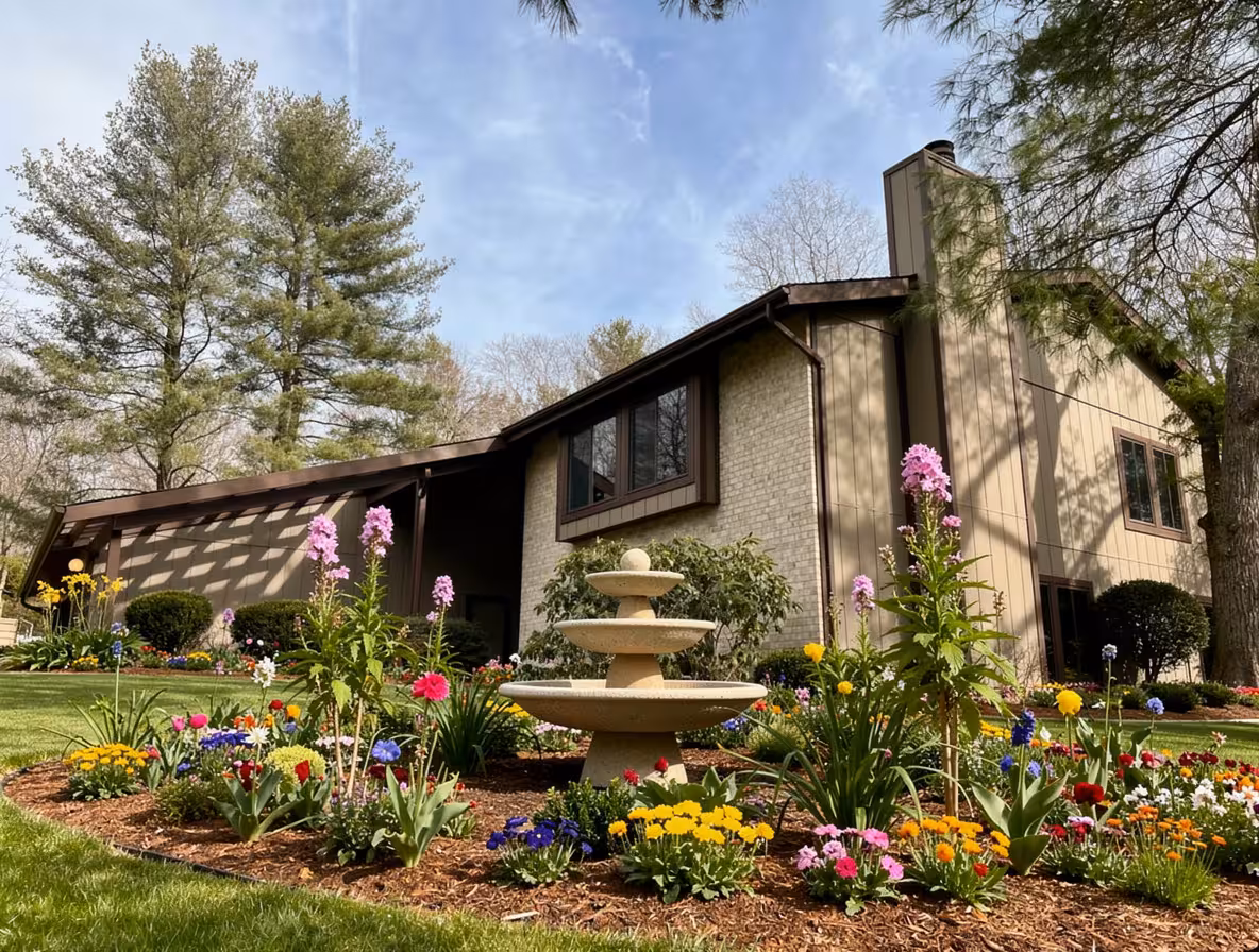 Suburban garden with tiered stone fountain, colorful flower beds, layered landscaping, and manicured lawn