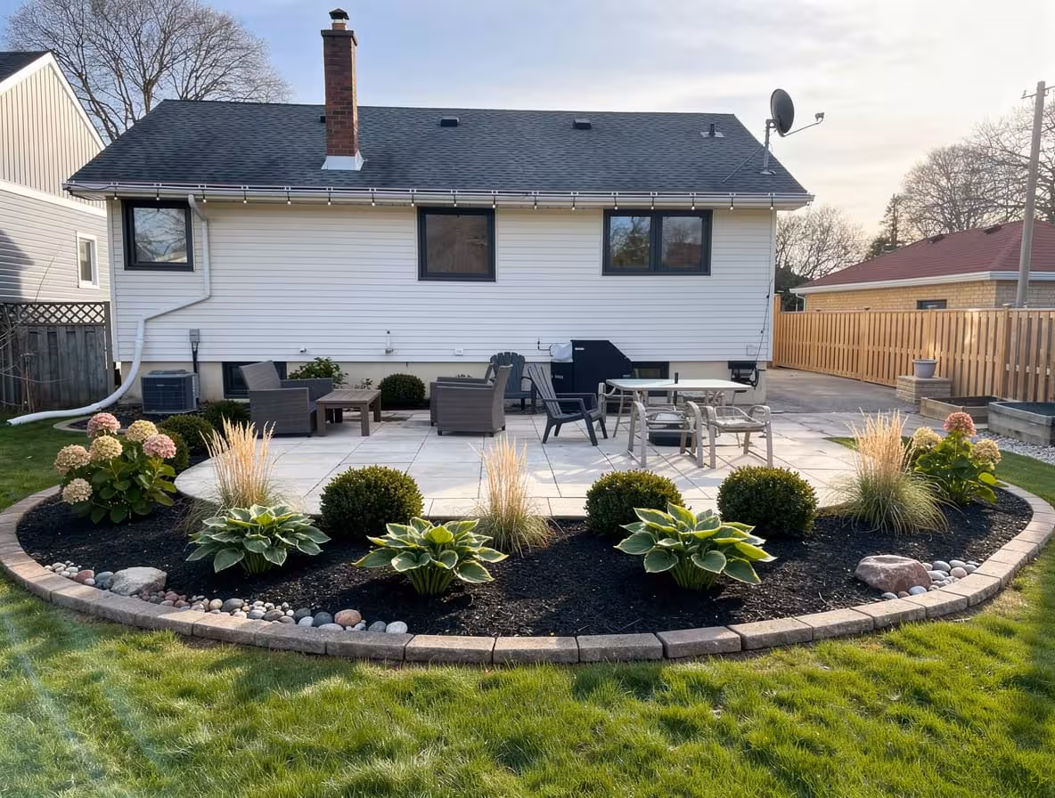 Suburban backyard with curved mulch beds, hydrangeas, ornamental grasses, patio seating, and manicured lawn