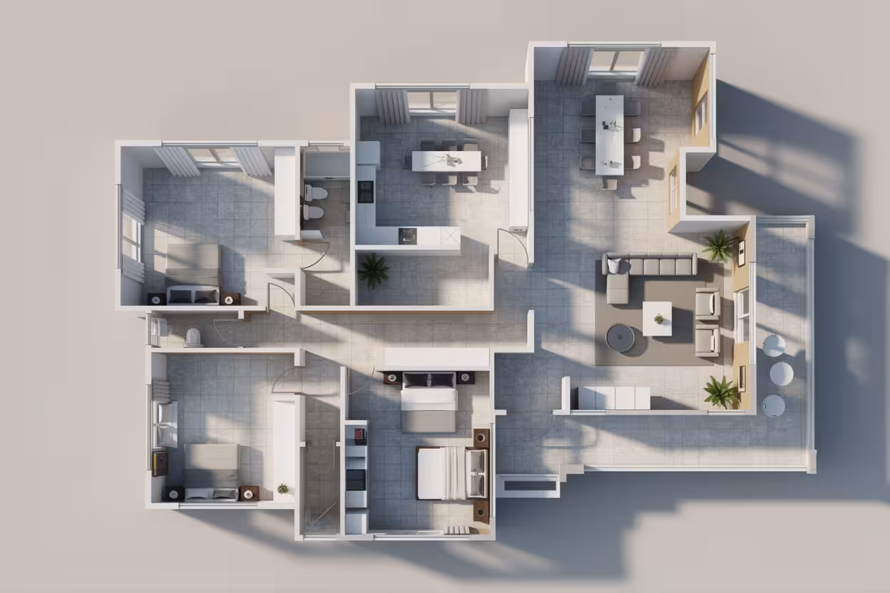 Realistic 3D floor plan render with furnished rooms, open living area, and modern interior layout.