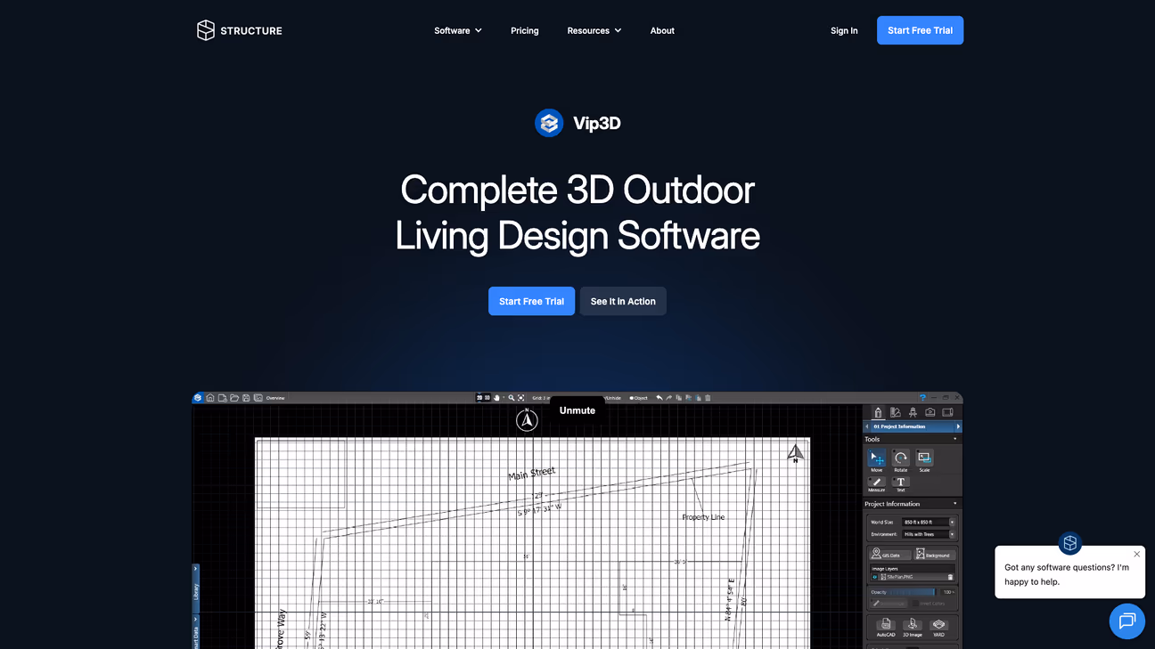 Structure Studios Vip3D outdoor living design software showing a measured site plan
