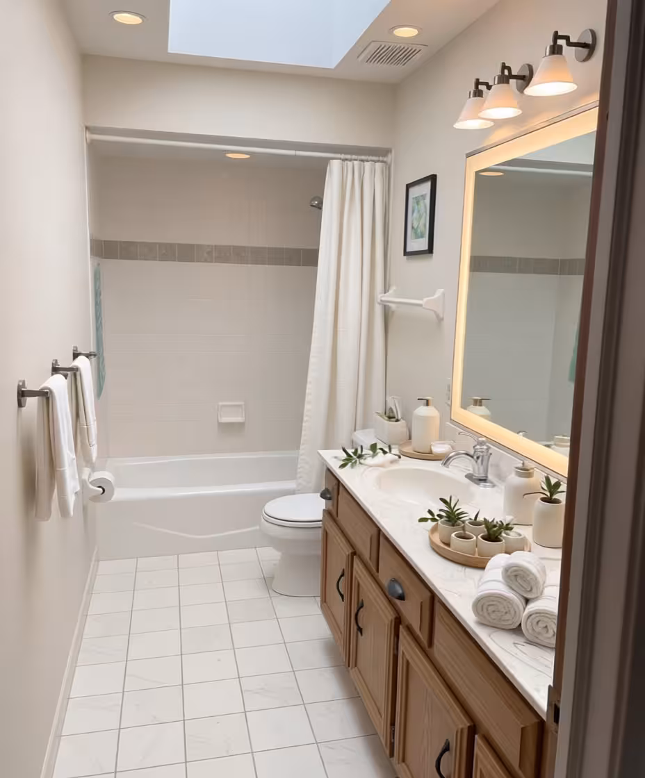 Contemporary bathroom with backlit mirror, warm wood vanity, neutral wall tiles, and white shower curtain