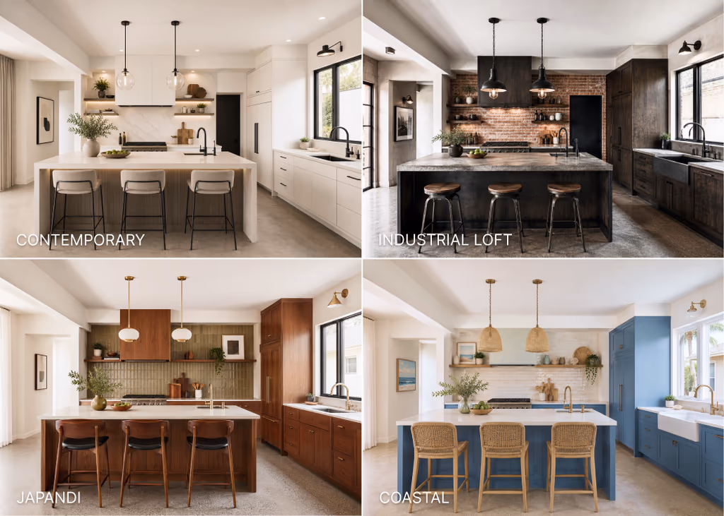 Four-panel comparison of kitchen styles: Contemporary with white cabinetry, Industrial Loft with dark wood and exposed brick, Japandi with warm wood cabinetry and minimalist decor, and Coastal with blue cabinets, woven stools, and light finishes.