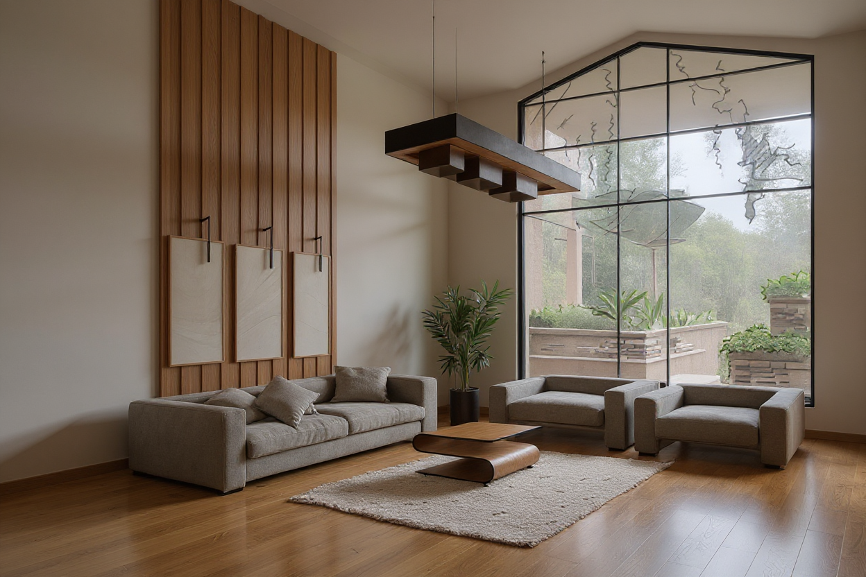 A contemporary living room with neutral gray sofas, curved wooden coffee table, textured rug, vertical wood panel wall art, large window, natural light, and minimalist decor.