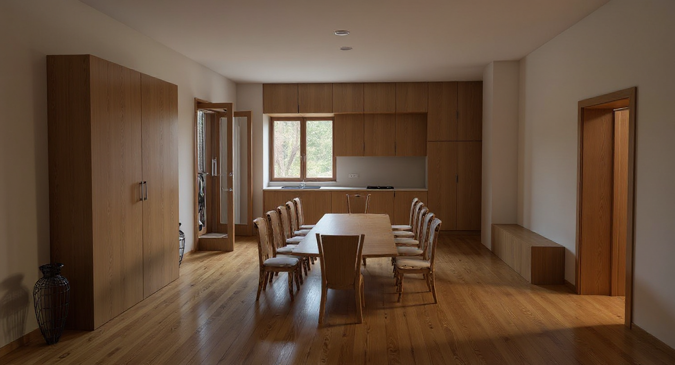 A contemporary dining room with open kitchen with natural wood flooring, minimalist wooden table and chairs, built-in cabinetry, neutral walls, soft natural light, and a calm, warm atmosphere.