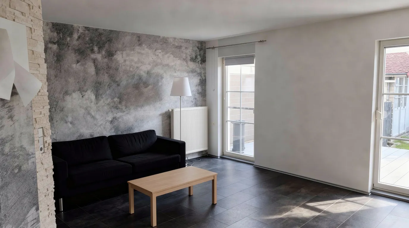 Living room with minimalist design, featuring a black sofa, light wooden coffee table, textured gray accent wall, white walls, and natural daylight.