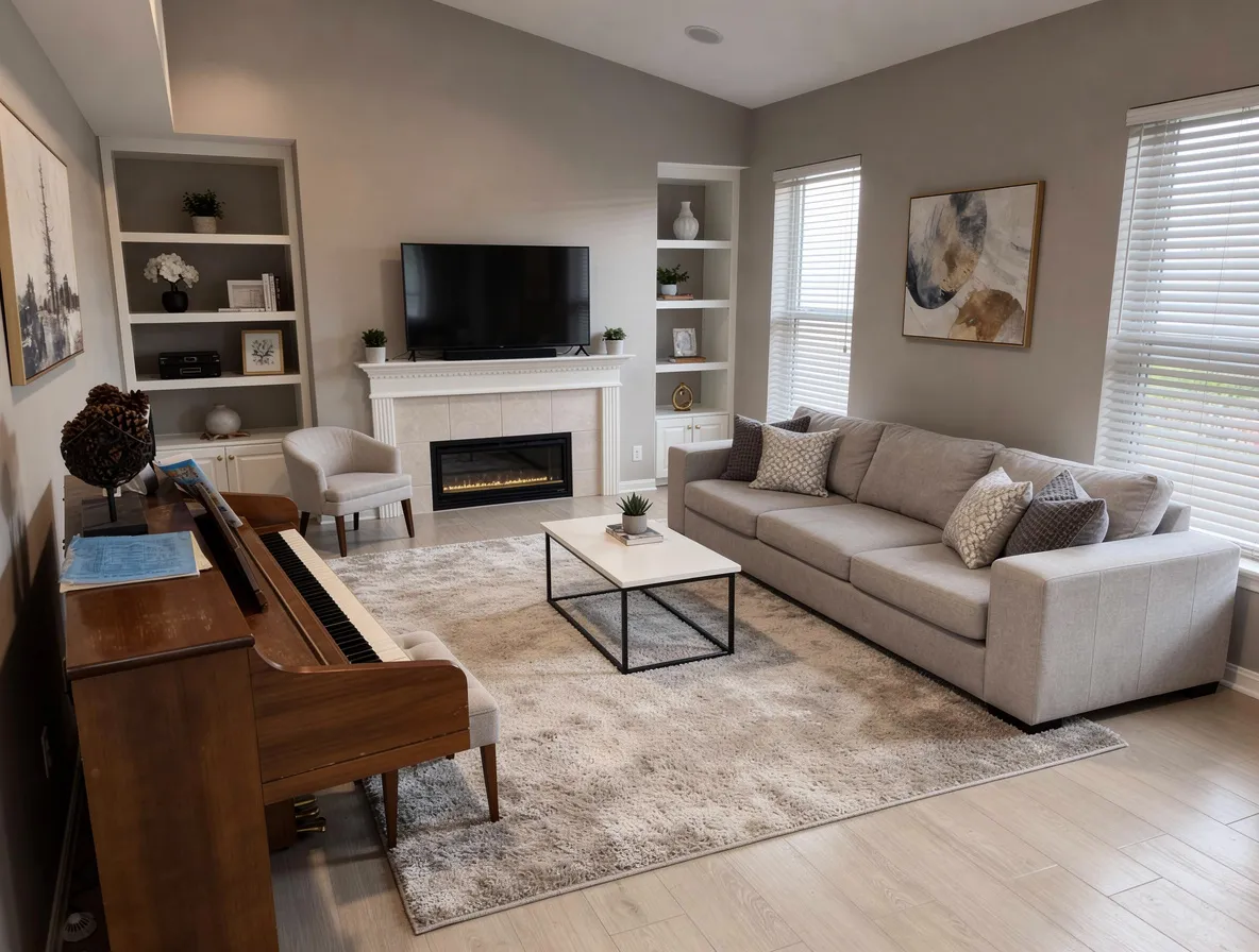 Living room with neutral tones, modern minimalist style, featuring a large beige sofa, piano, fireplace, white shelves, abstract art, and soft natural lighting.