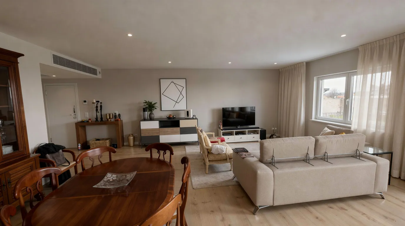 Spacious living room with neutral beige and wood tones, traditional wooden dining set, modern TV console, cozy seating, natural light.